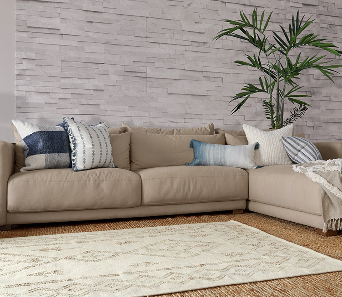 Ivory Blue Linen Stripe Feather Down Throw Pillow