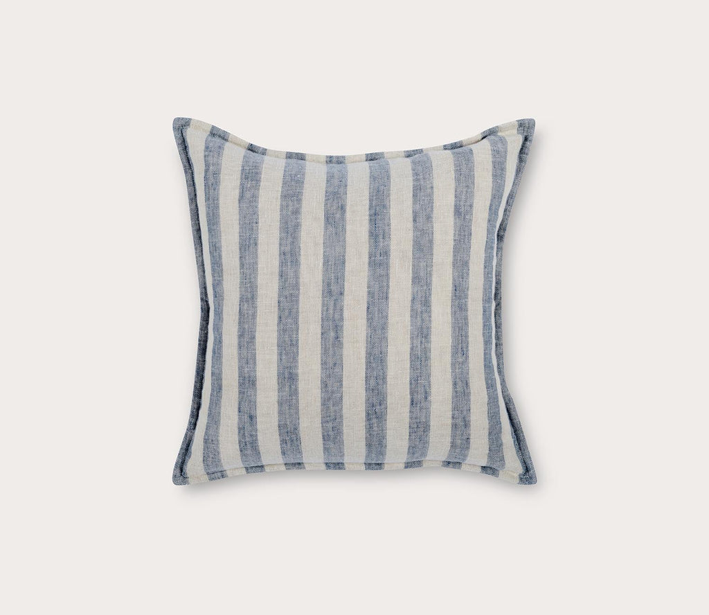 Ivory Blue Linen Stripe Feather Down Throw Pillow
